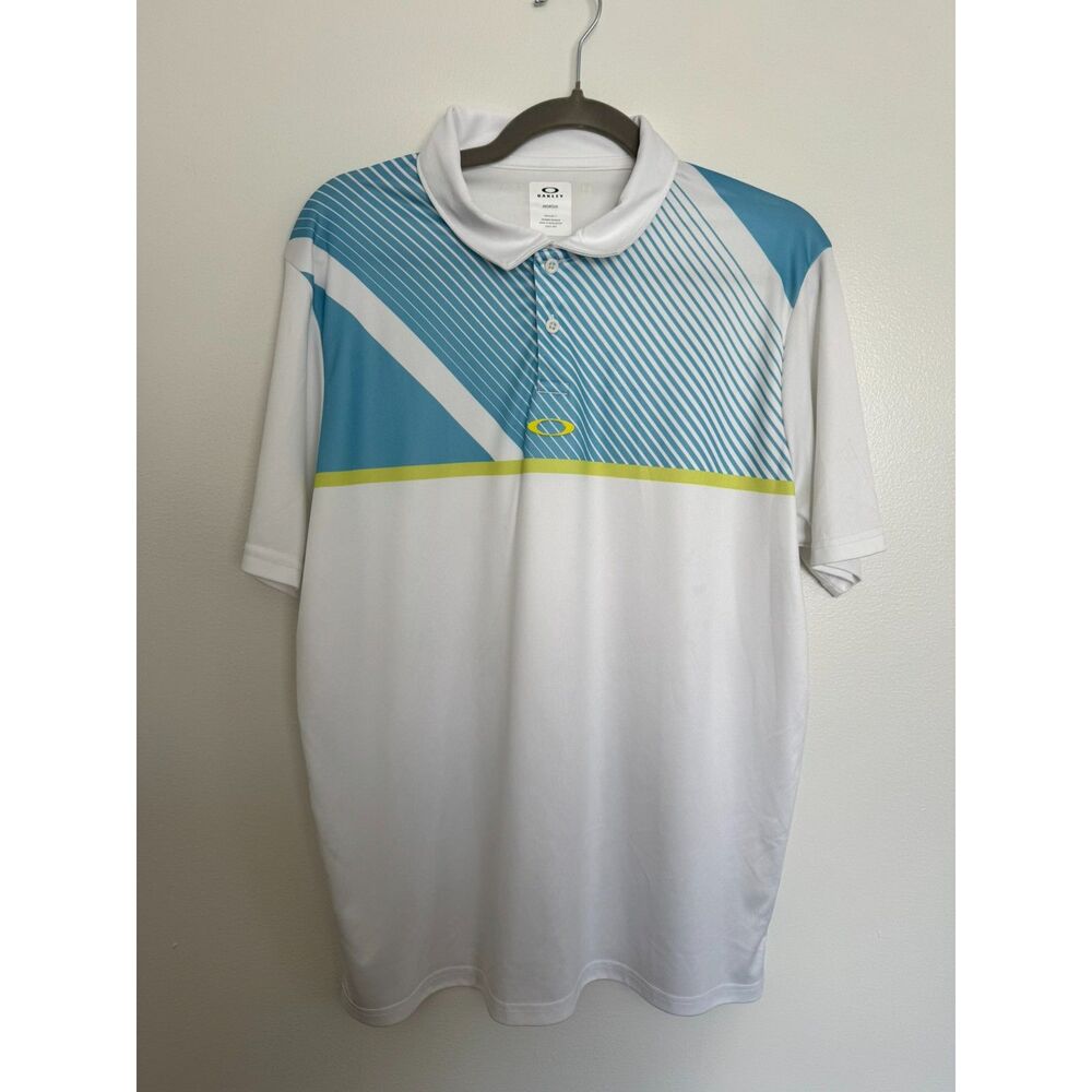 Oakley Men’s Performance Golf Polo White Blue Geometric Short Sleeve - Medium